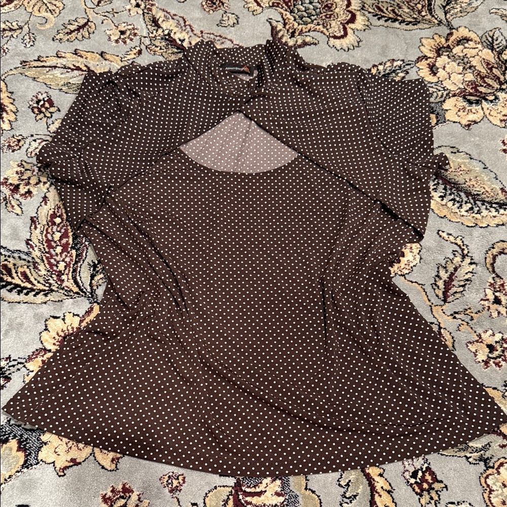 Ashley Stewart Brown Polka Dot Long Sleeve Top